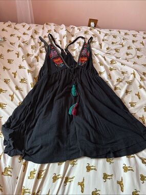 Free People Black Embroidered Tassel Swim Cover-Up